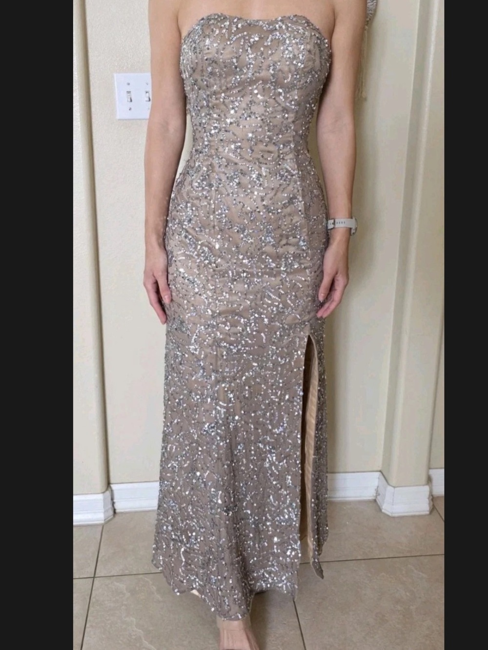 Scala Strapless Sequin Gown in Champagne Taupe